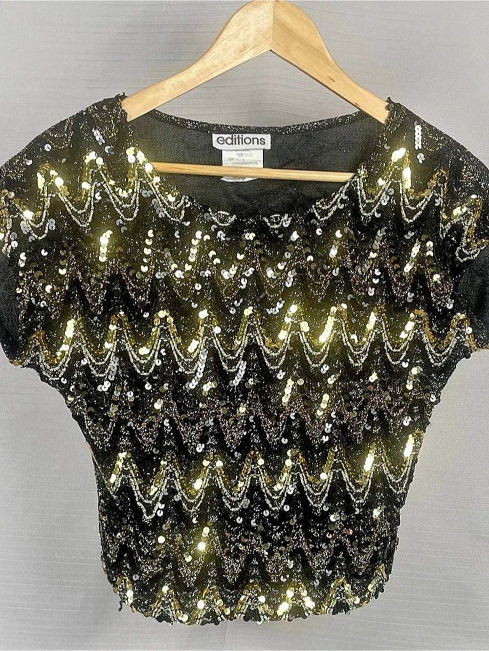 Vintage Editions Black Gold Sequin Beaded Party Top Sz S